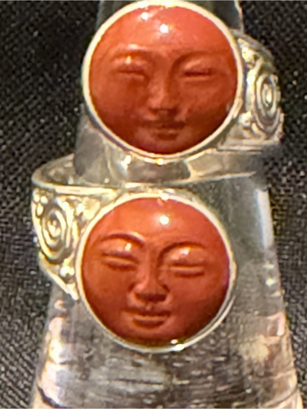 Sajen 925 SS Carved Red Coral Faces Ring in Sterling Silver - Exquisite! Size 7